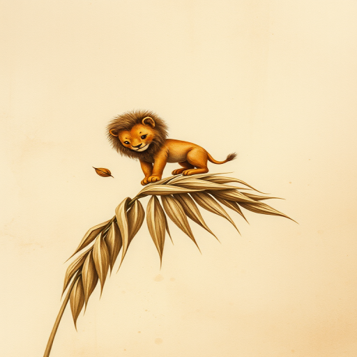 Soft, muted Alcohol Ink with ebru effect background image of tiny whimsical lion, who climbed high on the top of a golden rye ear.