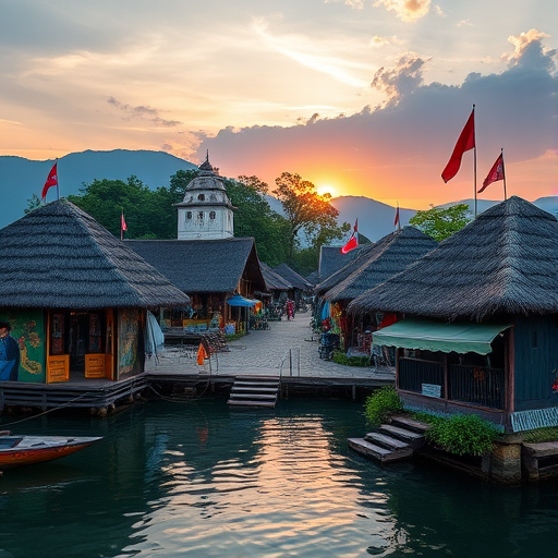 create an image of a vibrant lakeside village with thatched-roof huts decorated with flags and colorful murals, shot at sunrise with a DSLR camera, aperture f/8, shutter speed 1/250s, ISO 100, 24mm focal length, landscape view, vivid colors, and high contrast.