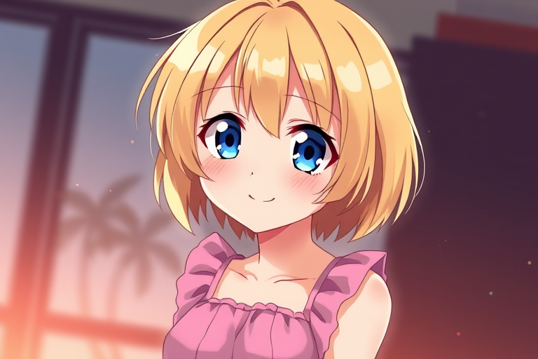 Create a high-resolution illustration of a cheerful anime character with short blonde hair, blue eyes, and a pink dress, using a 50mm lens, aperture f/2.8, ISO 400, in a vibrant color palette, with a soft-focus background to enhance character prominence.