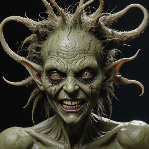 macabre style Grimacing grotesque goblin maiden, adorned with tangled grease-laden hair, her visage morphing like molten wax, numerous blemishes dot her countenance while elongated ears protrude, large warts with hair in them, encircled by sinister ferrofluid tendrils. Close-up of head, she gazes upward and sidelong, evoking awe (1.2) yet tainted by surprise (0.7). Light green skin beneath sombre rim lighting, style of Richard Corben, style of Glenn Fabry, . dark, gothic, grim, haunting, highly detailed,