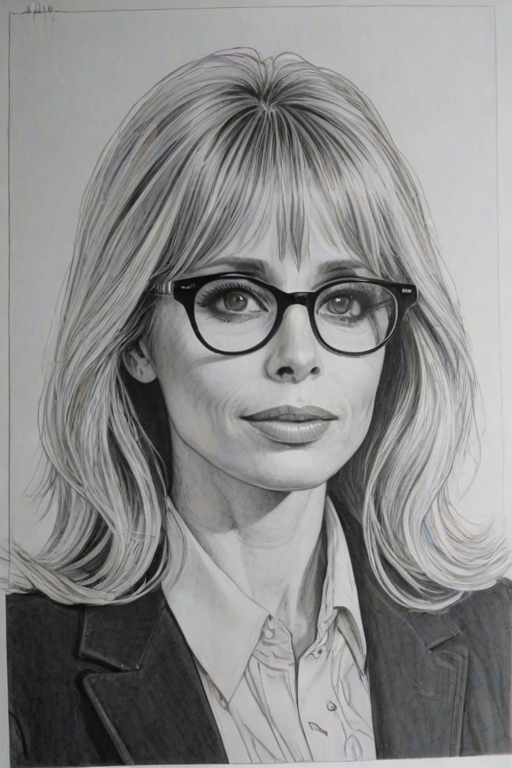 Ravishing Rosanna Arquette, pencil sketch, portrait of Magnificent woman 1960s in glasses, hair style beatnik, outline, clear lines, fine lines, 8k