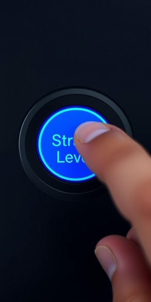 Create a high-resolution digital artwork of a hand pressing a blue circular button labeled "Stress Level" on a sleek black interface, using a Canon EOS R5 with a 24-70mm f/2.8 lens at f/4, ISO 100, in soft natural lighting, top-down view for clarity and detail.