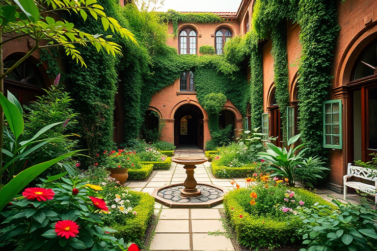 capture a vibrant courtyard with lush greenery and colorful flowers in a historic mansion, using a Canon EOS R5 camera, 24mm lens, f/2.8 aperture, ISO 100, 1/250 sec shutter speed, taken from an eye-level perspective, in bright daylight to enhance detail and colors