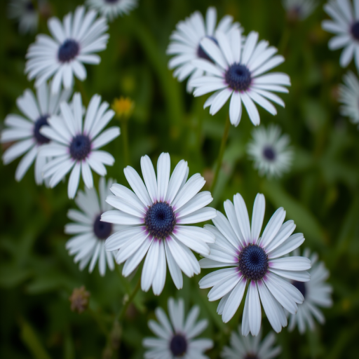 Close-up shot of white daisies with purple centers in a lush green background, f/2.8 aperture, 50mm lens, ISO 100, natural light, DSLR camera, shallow depth of field for a blurred background.