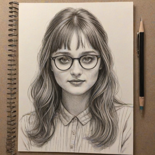 Dazzling Ella Purnell, pencil sketch, portrait of Resplendent woman 1979s in glasses, hair style beatnik, outline, clear lines, fine lines, 8k
