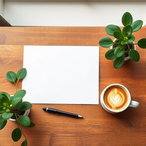 Create a minimalist workspace scene featuring a blank white sheet of paper on a wooden table, accompanied by a green plant, a pen, and a coffee cup with latte art, shot with a Canon EOS R5, 50mm lens, aperture f/2.8, ISO 100, natural light from a window for soft shadows.