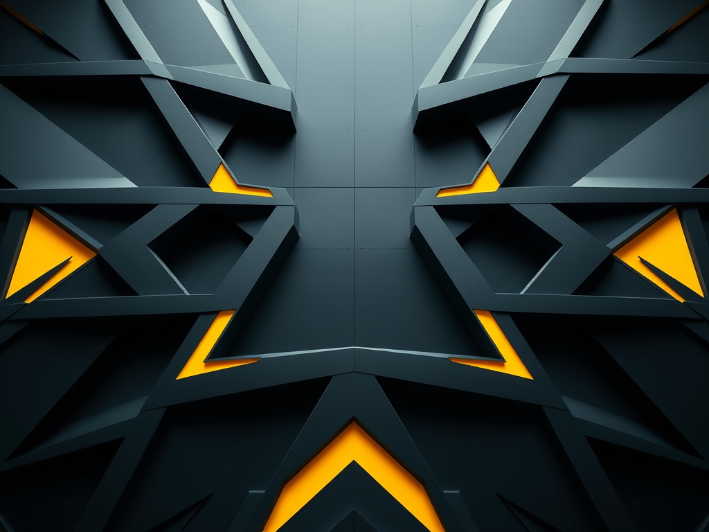 Regenerate an abstract design featuring geometric shapes in dark tones with bright yellow accents, using a DSLR camera, aperture f/8, ISO 100, 35mm lens, top-down view, and high dynamic range imaging for enhanced detail.