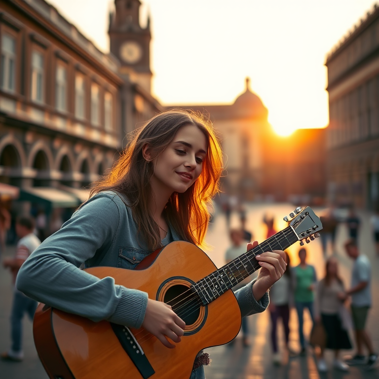 A young woman playing an acoustic guitar in a lively square with historic architecture at sunset, warm tones, soft focus, f/2.8, ISO 100, 1/125s, wide-angle lens, DSLR style, golden hour lighting.