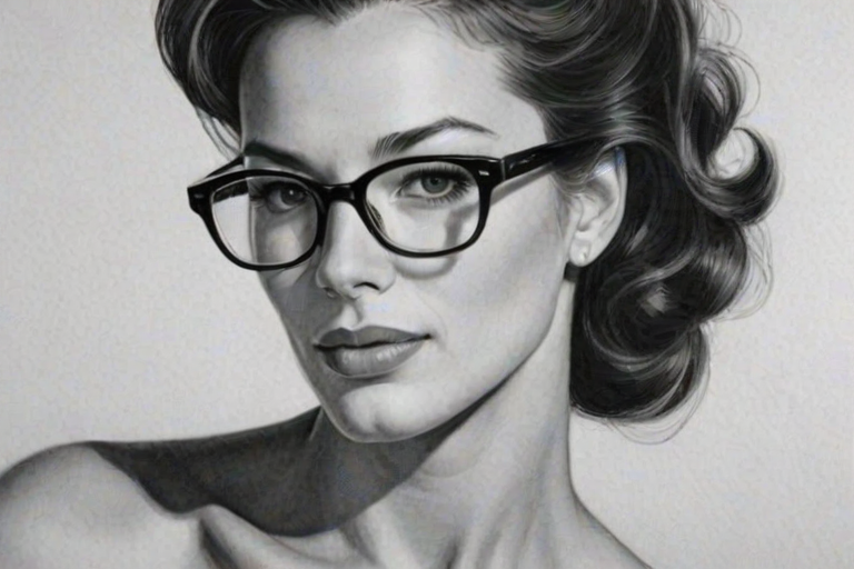 Graceful Brooke Langton, pencil sketch, portrait of Fascinating woman 1955s in glasses, hair style beatnik, outline, clear lines, fine lines, 8k