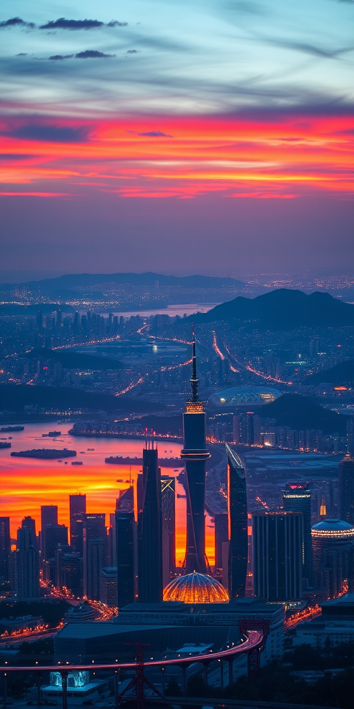 Generate a high-quality image of a futuristic city skyline at sunset with vibrant colors, using a DSLR camera at f/8 aperture, ISO 100, and a wide-angle lens, capturing a panoramic view with a slight tilt for artistic effect.