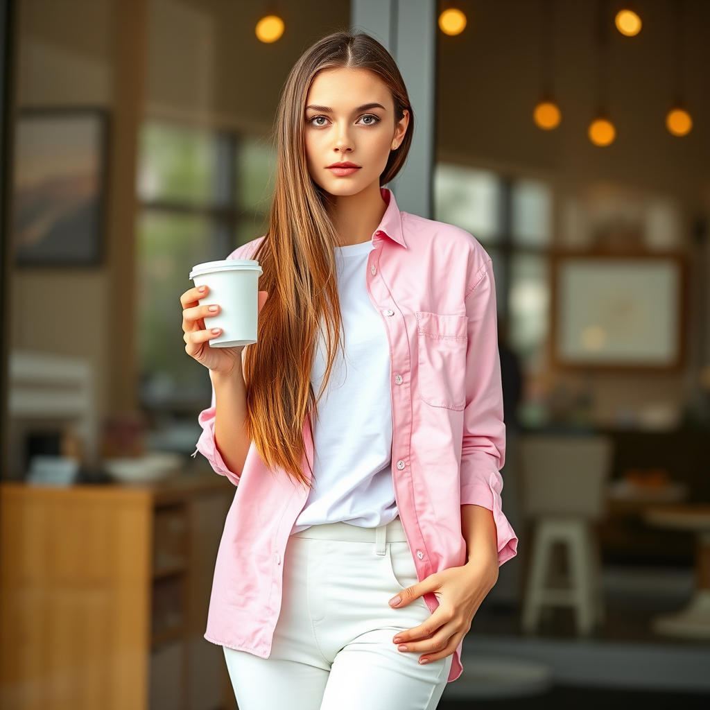 A young woman with long brown hair stands with her back against a glass door, wearing a pink button-down shirt over a white T-shirt and white pants, holding a cup of coffee in her right hand. The woman is looking directly at the viewer, her expression is neutral. Her right hand is tucked into the pocket of her pants while her left hand holds the coffee cup. The lighting is soft and natural, highlighting her features. The background is blurred, with the focus on the woman. The photo is taken from a slightly elevated perspective, showcasing the woman's full figure.