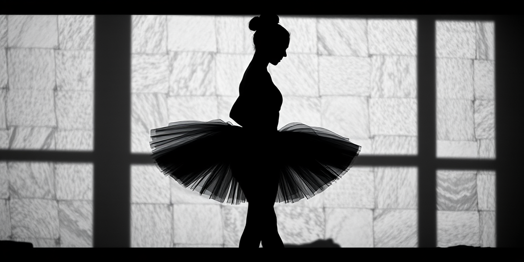 Create a high-contrast monochrome image of a ballerina in a tutu, captured in silhouette against a textured, soft-focus background, using a Canon EOS R5 with a 50mm f/1.2 lens, aperture set to f/2.8, shutter speed 1/125s, ISO 100, side lighting to create dramatic shadows.