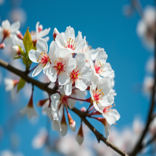 close-up of white blossom flowers on a tree branch against a clear blue sky, captured with a Canon EOS R5, 50mm lens, aperture f/2.8, ISO 100, 1/200s, natural light, photography style: macro.