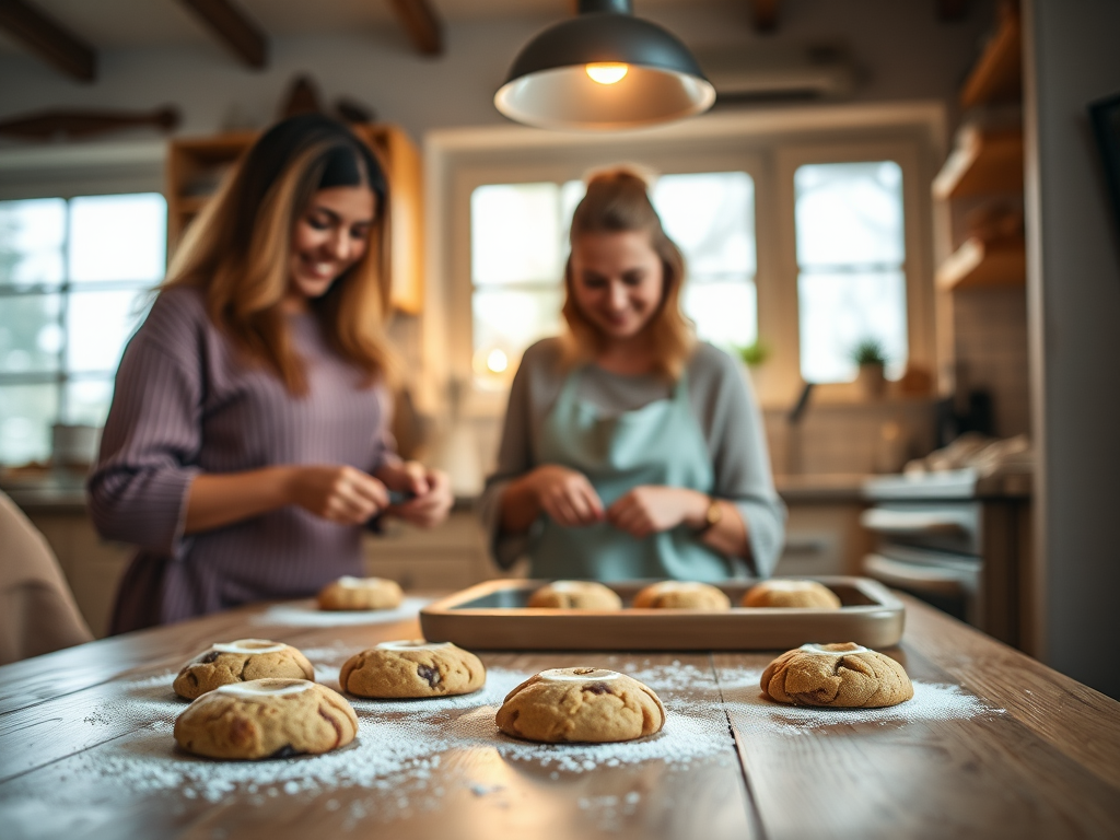 Create an image of a cozy kitchen scene with three women baking cookies, warm lighting, a wooden table with freshly baked cookies in focus, shallow depth of field, ISO 400, aperture f/2.8, 35mm lens, natural light from the windows, capturing a warm and inviting atmosphere.