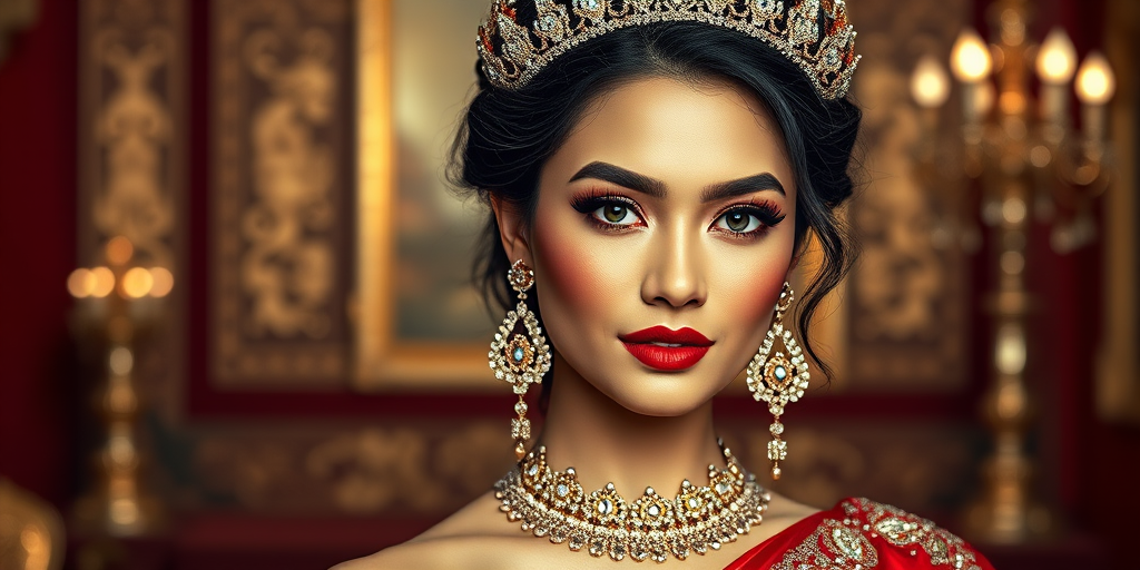 A gorgeous Nepali woman in a luxurious red gown, accessorized with a dazzling tiara and statement earrings, her deep cyan eyes highlighted by impeccable makeup, poised in a royal setting, photorealistic, 8K quality