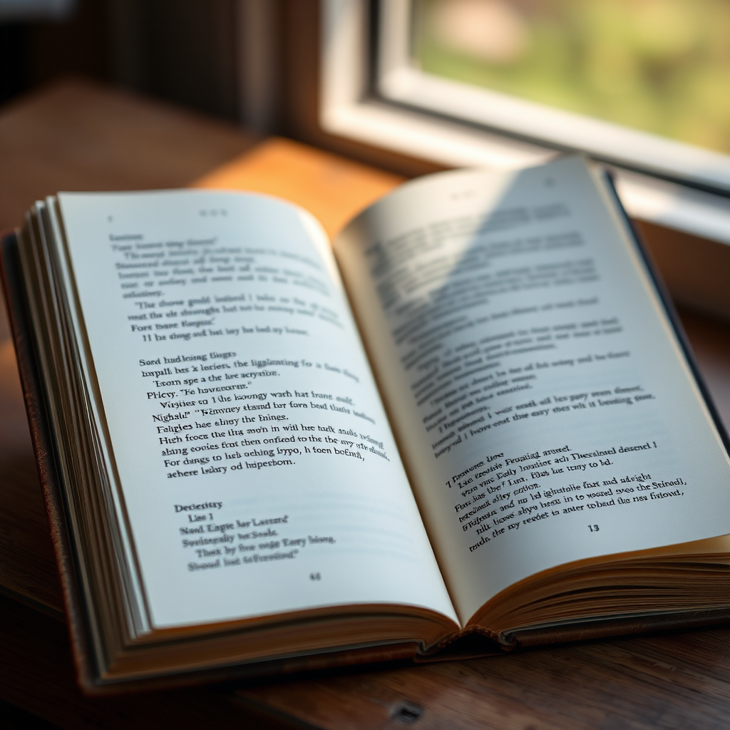 Create an image of an open book with blank pages, shot with a 50mm lens at f/1.8, ISO 100, in soft natural light, using a DSLR camera with a shallow depth of field to enhance focus on the pages.