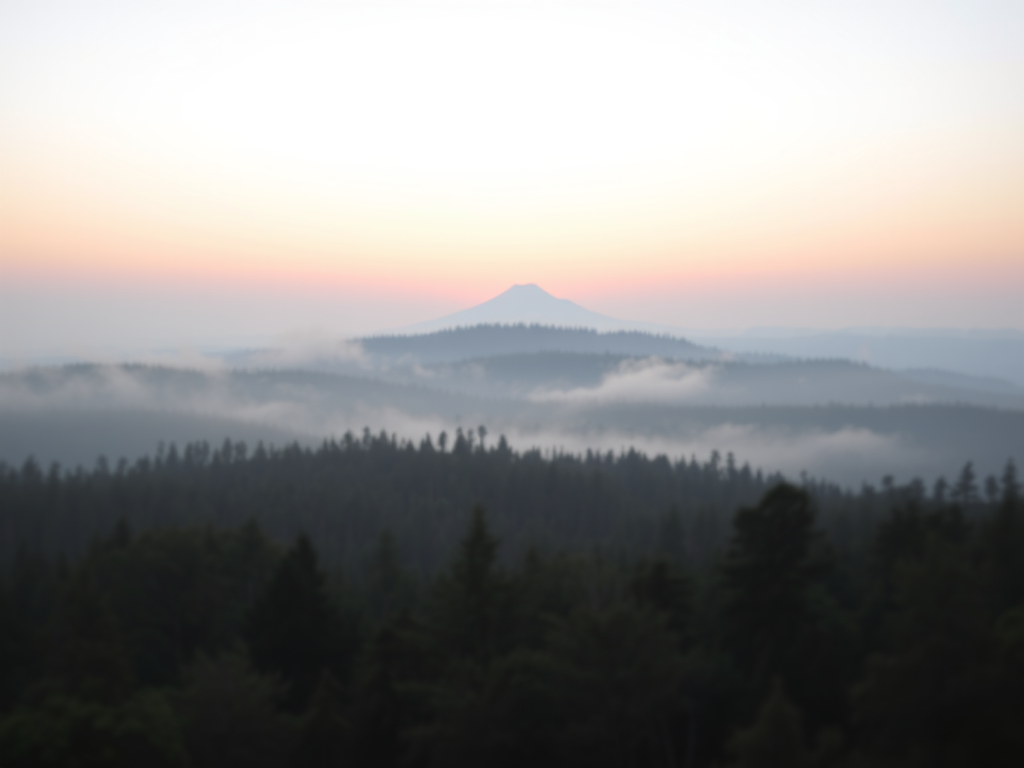 capture a serene sunrise over a misty forest with a distant mountain peak, soft pastel colors in the sky, focus on lens blur and depth of field, use a DSLR camera with a 50mm lens at f/2.8, shutter speed 1/100s, ISO 100, shoot from a high vantage point for a panoramic view