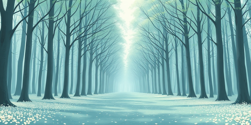 Create a serene digital illustration of a tranquil forest with light teal trees and soft white leaves scattered on the ground, using a wide-angle view, a digital camera style with high resolution, and settings of f/8 aperture for depth of field and ISO 100 for clarity.