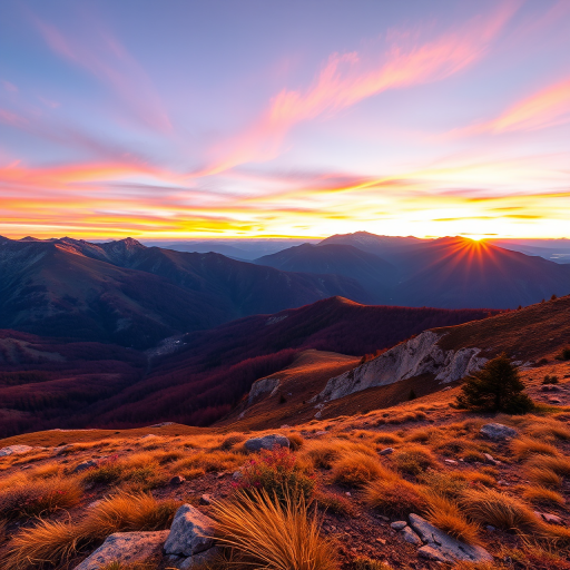 Regenerate the image of a serene mountain landscape at sunrise with vibrant colors, using a Canon EOS R5 camera, 24mm lens, f/8 aperture, ISO 100, 1/200 sec shutter speed, with a wide-angle view and HDR style for enhanced detail and clarity.