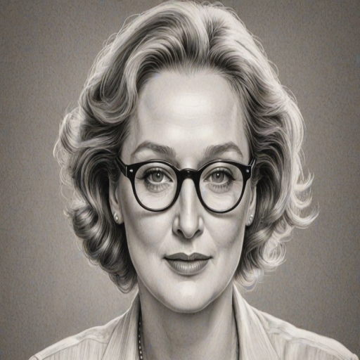 Enchanting Meryl Streep, pencil sketch, portrait of Captivating woman 1930s in glasses, hair style beatnik, outline, clear lines, fine lines, 8k