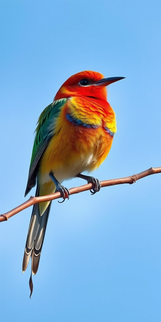 Capture a vibrant bird perched on a branch against a soft blue sky, using a Canon EOS 5D Mark IV, 70mm lens, aperture f/4, shutter speed 1/500s, ISO 200, with a shallow depth of field and natural light for enhanced clarity and detail.