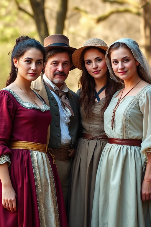 portrait of four individuals in historical clothing standing together, captured in natural light, using a Canon EOS R5 with a 50mm lens at f/1.8, ISO 100, with a soft focus background to enhance the subjects.