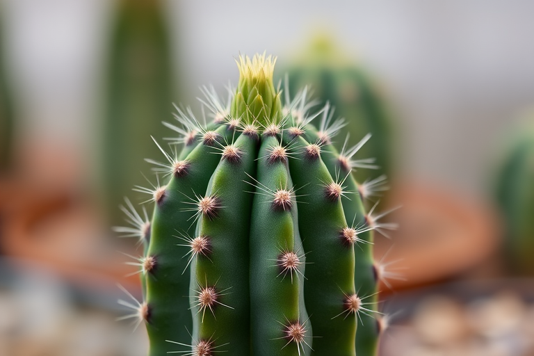 cactus with a sharp green top against a blurred background, macro shot, aperture f/2.8, shutter speed 1/200s, ISO 100, taken with a DSLR camera from a low angle, natural light, soft focus on the background