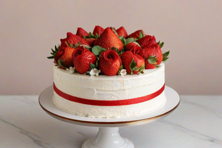 Generate an image of a round white cake topped with a decorative arrangement of fresh red strawberries and red roses, creating a floral border around the top. The background should be soft and minimalistic to emphasize the cake's elegant design.