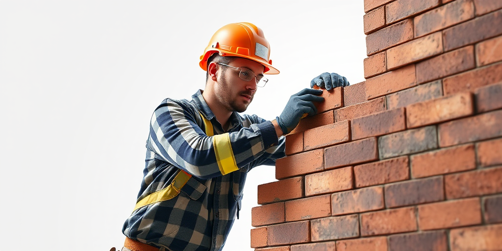 3D construction worker in helmet laying bricks on a wall, studio lighting, white background, ISO 100, f/8, 1/125 sec, 50mm lens, DSLR camera, focus on worker details