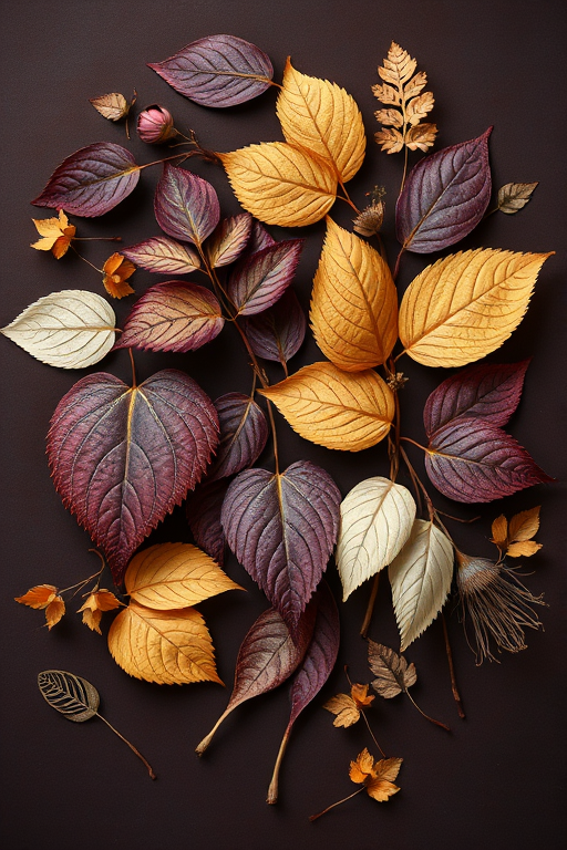 Create a botanical illustration featuring diverse leaves in shades of purple, gold, and white on a dark brown background, using a Canon EOS R5, 50mm lens, f/2.8 aperture, 1/125 sec shutter speed, top-down view for clarity and detail.