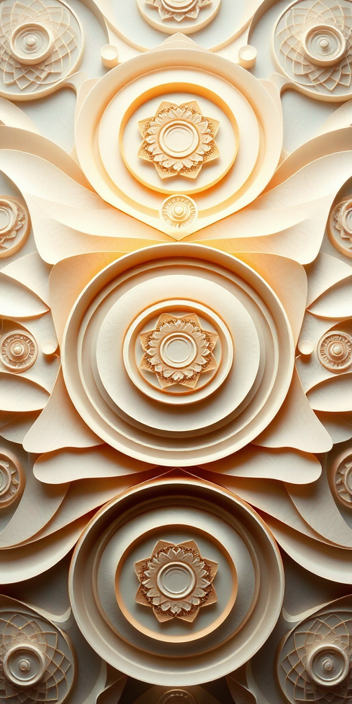 Create an abstract geometric pattern featuring intricate spiral designs and layered circular motifs in soft neutral tones, captured using a DSLR camera with a 50mm lens, f/1.8 aperture, ISO 100, and a soft-focus effect to enhance depth and detail.