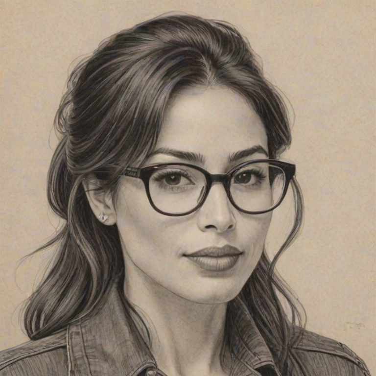 Pleasing Sarah Shahi, pencil sketch, portrait of Comely woman 1955s in glasses, hair style beatnik, outline, clear lines, fine lines, 8k