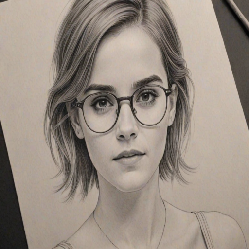 Gorgeous Emma Watson, pencil sketch, portrait of Pleasing woman 1976s in glasses, hair style beatnik, outline, clear lines, fine lines, 8k