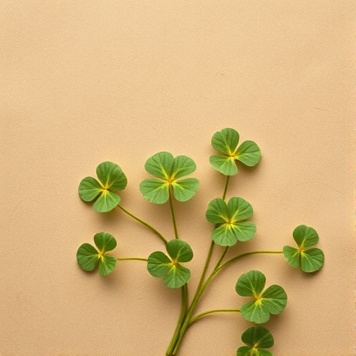 Create a vintage floral background with muted tones, featuring translucent clover leaves over a textured, earth-toned paper background, captured in a 50mm lens at f/2.8, ISO 100, shot from a top-down perspective using a DSLR camera for enhanced detail and depth.