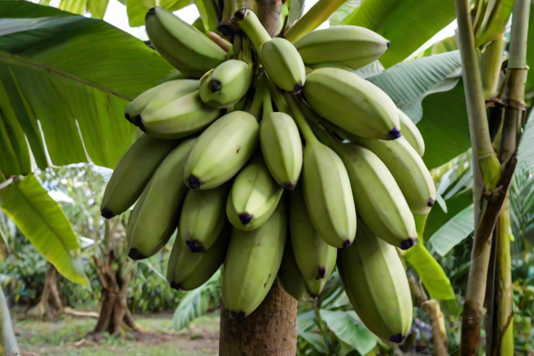 a close-up of a cluster of unripe green bananas hanging from a banana tree surrounded by tropical leaves