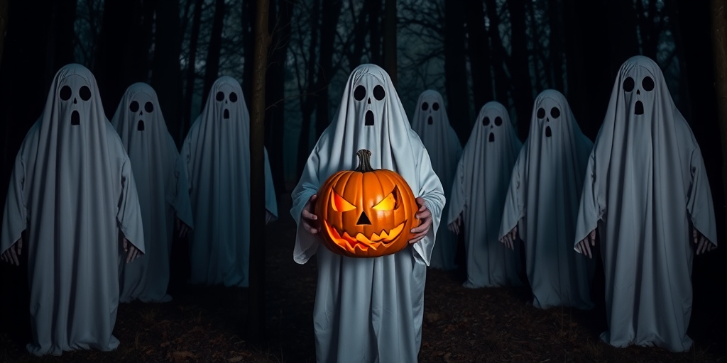 A group of ghostly figures in white sheets with eye holes standing in a dark forest holding a carved pumpkin with a menacing face, creating an eerie Halloween atmosphere.