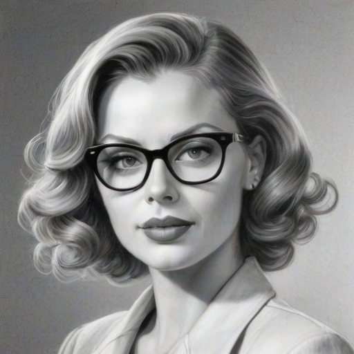 Exquisite Kristin Bauer, pencil sketch, portrait of Alluring woman 1948s in glasses, hair style beatnik, outline, clear lines, fine lines, 8k