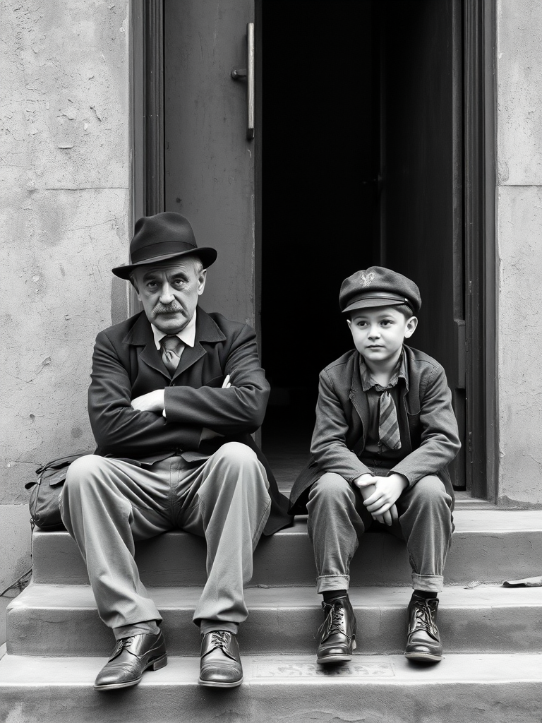 A black-and-white photograph of a man and a child sitting on steps in front of a doorway. The man is dressed as a tramp with a bowler hat, mustache, and ragged clothes, reminiscent of Charlie Chaplin's iconic look. He is sitting with his arms crossed and an expression of slight sadness or frustration. Next to him is a young boy, also in worn clothes and a cap, sitting with his hands clasped, looking thoughtful. The background is an old, textured wall and a partially open door, creating a vintage, early 20th-century atmosphere.