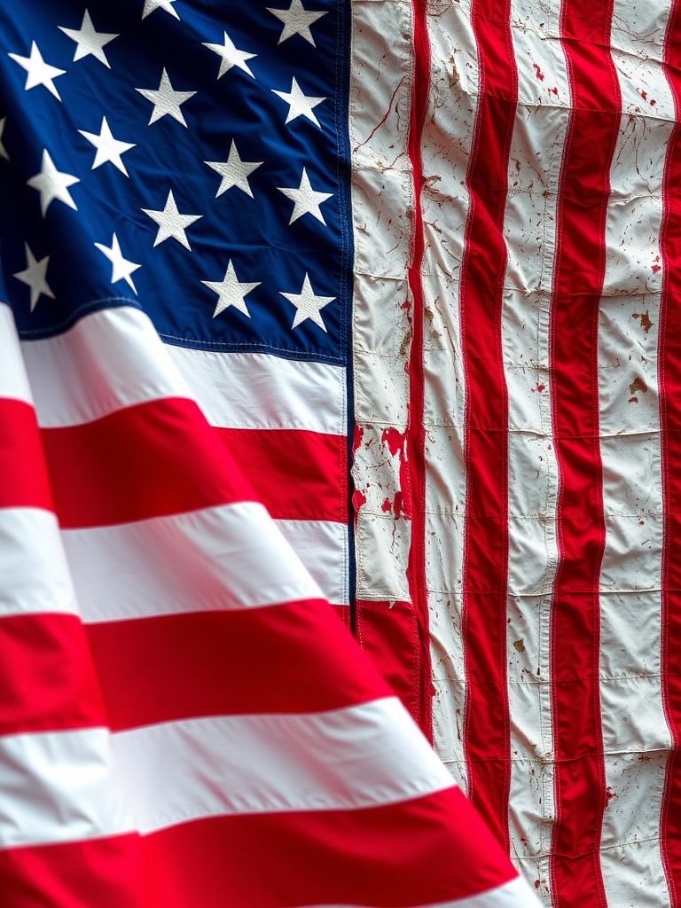 Create an image of a distressed American flag with vibrant red, white, and blue colors, shot in HDR with a 50mm lens at f/8, 1/125 sec, ISO 200, using a DSLR camera from a slight low angle to enhance depth and detail.