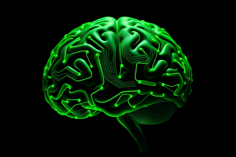 Create an image of a human brain filled with intricate green circuit patterns, set against a black background, captured with a DSLR camera at f/2.8, ISO 100, 50mm lens, using a side view perspective and soft lighting to enhance details and depth.