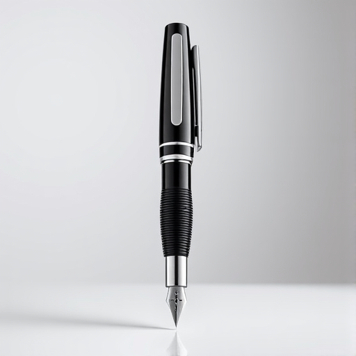 Create a high-resolution vector illustration of a sleek, modern fountain pen with a black and white color scheme, using a Canon EOS R5 camera, focal length 50mm, aperture f/1.8, ISO 100, in a studio setting with soft lighting to enhance details and contrast.