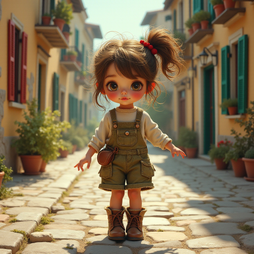 Whimsical little 3-year-old girl wearing scruffy tomboy clothes, boots, messy hair heavily blushed cheeks, pink lips, closely dancing in the street of an Italian village,Textured painterly fantasy artistic mixed media
