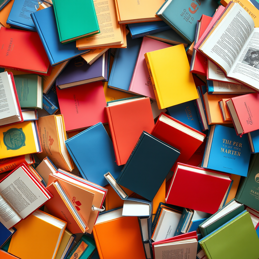 A colorful array of books scattered around, illustrated in a playful and vibrant style, shot with a DSLR camera at f/4 aperture, 50mm lens, ISO 200, in natural light, top-down view for a dynamic composition.