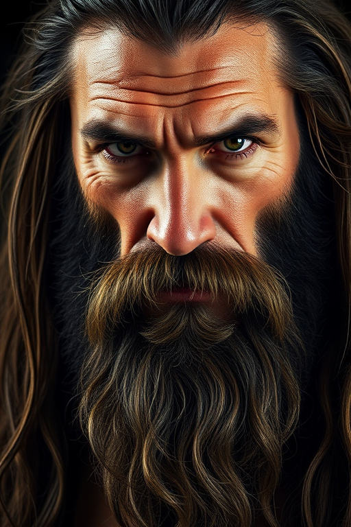 highly detailed portrait of a rugged prehistoric man with long hair and a beard, dramatic lighting, sharp focus, 85mm lens, f/1.8 aperture, ISO 100, studio lighting setup, soft background blur, realistic texture and depth