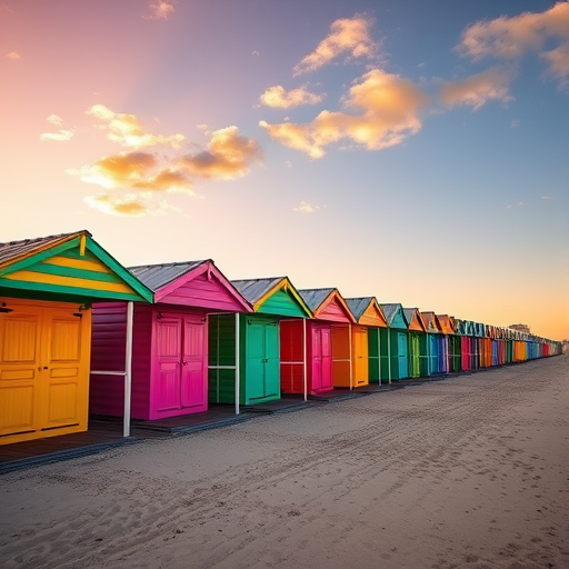 capture a vibrant row of colorful beach huts by the shore during golden hour with a wide-angle lens, f/11 aperture, ISO 100, 1/250s shutter speed, and a polarizing filter for enhanced colors and contrast, ensuring a sharp focus throughout the scene