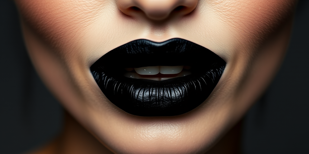 Enigmatic woman lips painted in a matte black lipstick, edgy and dramatic, sharply contoured, making a bold fashion statement