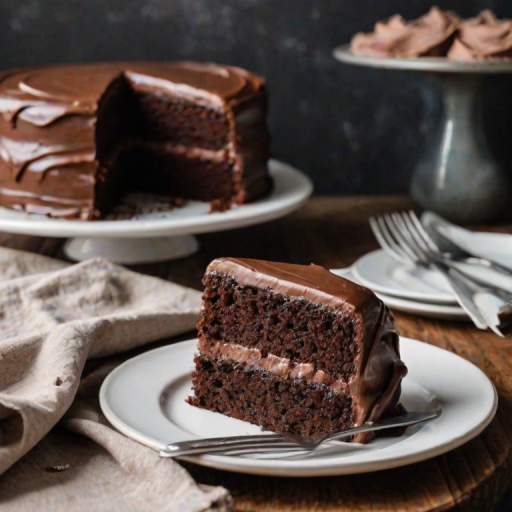 Generate an image of a chocolate cake on a white plate, showcasing three layers with rich chocolate frosting on top. The cake should have a slice cut out to reveal the layers inside. Set the scene on a wooden table with some plates in the background. Include a serving spatula next to the cake and a linen napkin underneath.