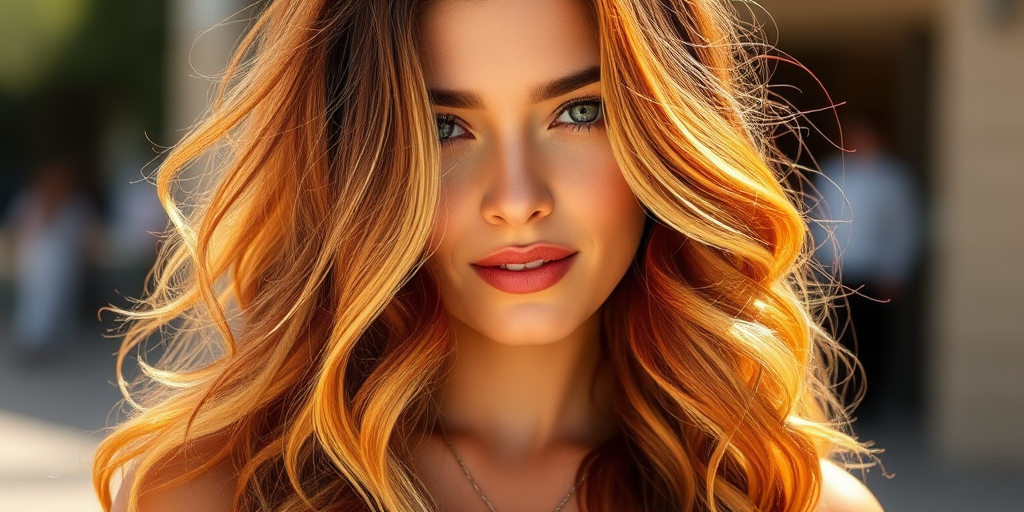 Radiant sunlight illuminates a woman with Sunset Ombre tresses, cascading waves transitioning from deep auburn roots to brilliant golden tips, styled in loose beachy curls framing her face
