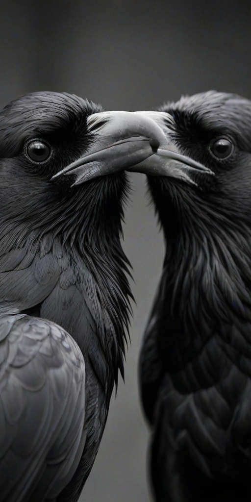 a close-up black and white photograph of two ravens with intricate feather details and sharp beaks, set against a blurred dark background