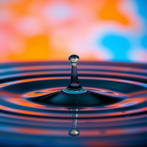 Generate an image of a water droplet falling with a vibrant blue and orange background, focusing on the ripple effect created by the impact, using a DSLR camera with a 50mm lens, aperture set to f/1.8, ISO 100, shutter speed 1/1000 sec, shot in macro style for enhanced detail and clarity.